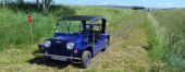 Printemps 2015 : 10 km. sur les traverses. Largeur Mini aux pneus 1385 mm. Largeur rails 1435 mm. Pas besoin de tenir le volant ! C‘est, depuis 1966 (!), la première voiture entièrement "autonome", sans guidage laser, sans la moindre électronique, juste un bâton pour caler l‘accélérateur!